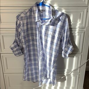 Blue and white plaid button down shirt